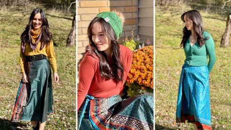 3 fun and cute ways to layer and enjoy the Darn Good Yarn Sari Skirt for Winter Skirt For Winter, Wrap Skirt Outfit, Winter Skirt Fashion, Sari Skirt, Silk Wrap Skirt, Skirt Winter, Winter Skirt Outfit, Winter Outfit Ideas, Ankle Length Skirt