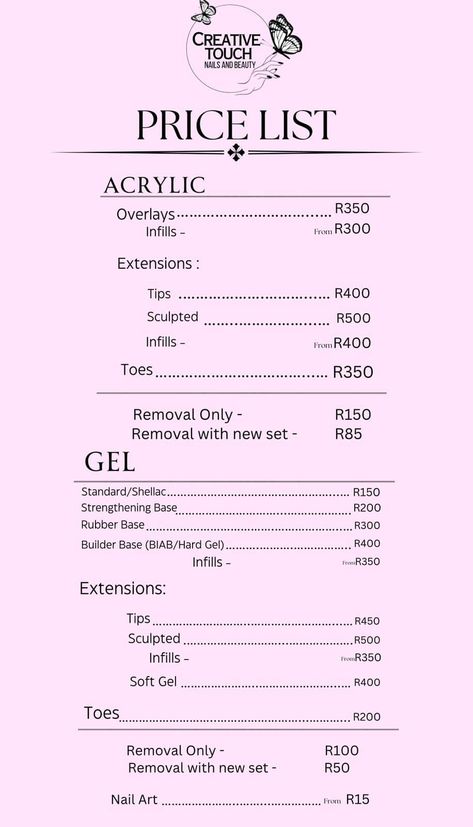 We have restructured our prices and given you all a simpler price list! All nail art will no longer be included in the price….. it will be charged separately! 💖💅🏻 Nail Art Price List, Gel Nail Price List, Acrylic Nail Price List, Nails Price List, Nail Salon Price List, Nail Salon Price List Templates, Nail Prices, Hard Gel, Nail Extensions