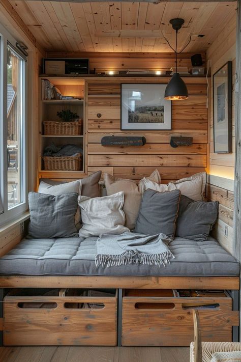 Small Mountain Cabin Interior, Tiny Cabin Interiors Small Cottages, Small One Room Cabin, Studio Cabin Interior, Bunkie Ideas Interiors Guest Cabin, Tiny Cabin Interiors, Small Modern Cabin Interior, Tiny House Farmhouse Style, Tiny House Cabin Small Cottages