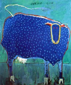 Abstract Cow Art, Abstract Animals Art, Elke Trittel, 동화 삽화, Blue Cow, Whimsical Paintings, Quirky Art, Cow Art, Naive Art