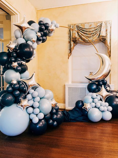 Starry Night Prom Gifts, Sun Moon And Stars Party Decorations, Starry Night Wedding Table Setting, Prom Themes Starry Night Under The Stars, Stars And Moon Sweet 16, Stary Night Sweet 16 Party Ideas, Celestial Balloon Garland, Blue Star Themed Party, Night Themed Quinceanera