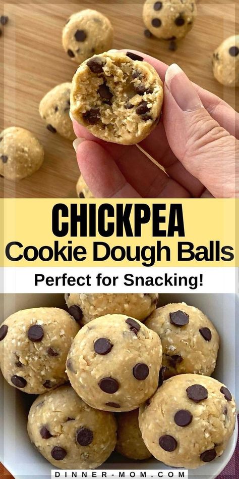 Looking for an easy, healthy snack for the lunchbox or your afternoon slump? Chickpea cookie dough balls taste like cookie dough. Really!!! But you can enjoy these no-bake bites raw. They're flourless, vegan, and gluten-free. Save them to your snacking board for when the craving hits and follow along for more easy, healthy recipes. Desserts Made From Chickpeas, Chickpeas Recipes Healthy, Cookie Dough Hummus Recipe, Chickpea Recipes Snacks, Chickpea Snack Recipes Healthy, Healthy Snack Balls No Bake, Whole Foods Snacks For Kids, Vegan Sweet Snacks Easy, Healthy Oatmeal Balls No Bake