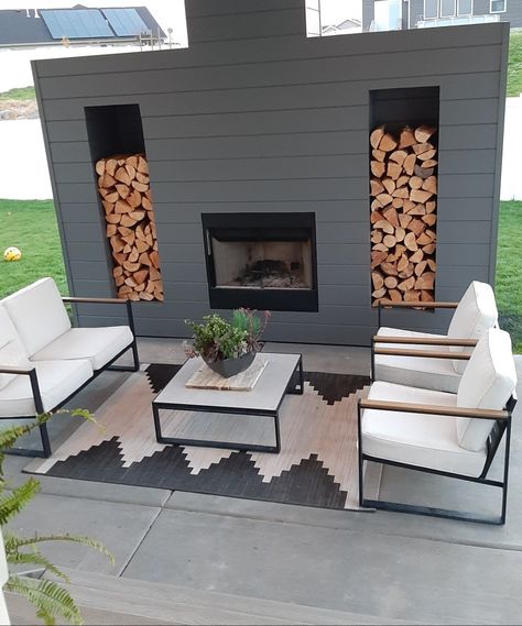 DIYed from James Hardie cementious siding and metal frames. @reelvibes I have saved a step by step story 🤍 Fireplace Remodel Ideas, Block Fireplace, Outdoor Fireplace Ideas, Modern Outdoor Fireplace, Wood Stack, Fireplace Design Ideas, Gorgeous Fireplaces, Stone Accent Walls, Outdoor Fireplace Designs