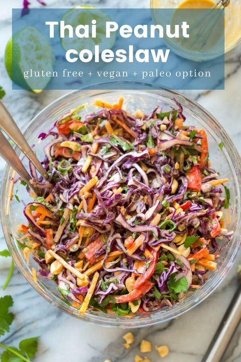 Bright and crunchy Thai Peanut Coleslaw - chopped and shredded veggies dressed in a simply peanut sauce | #GlutenFree + #Vegan + #Paleo Options #coleslaw #thai #peanut #healthysummer #saladrecipe Thai Coleslaw, Coleslaw Chicken, Peanut Coleslaw, Recipes Cheesecake, Vegan Coleslaw, Recipes Pizza, Coleslaw Salad, Shredded Cabbage, Paleo Salads