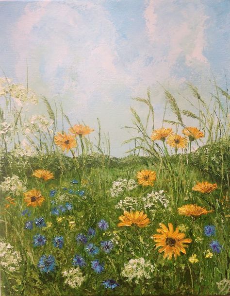 Grass Field Painting, Field Of Flowers Painting, Wild Flowers Painting, Flower Field Painting, Field Paintings, Flower Room Decor, Meadow Painting, Grass Painting, Wildflower Paintings