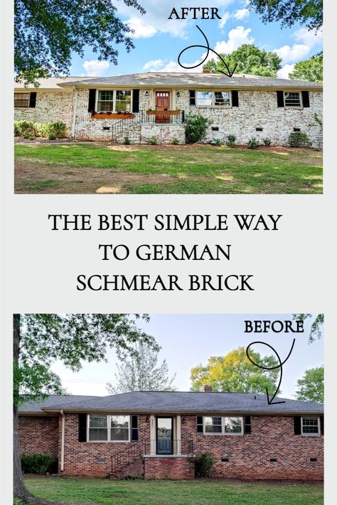 House Exterior German Smear, German Smear House Exterior, Whitewash Vs German Smear, White German Smear Brick Exterior, German Smear Ranch Style House, Fresco, Limewash Rough Brick, Limewash Brick Exterior With Shutters, Diy German Smear Brick Tutorial