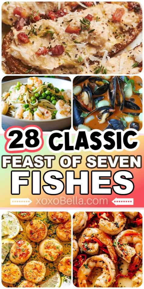 Recipes for feast of the seven fishes for Christmas Eve Seafood For New Years Eve, 7 Fishes Christmas Eve Traditional, Italian Seven Fish Dinner, Seafood Platter Ideas Dinners, Italian Feast Of Seven Fishes, Feast Of 7 Fishes Recipes, Types Of Seafood, Christmas Eve 7 Fish Dinner Ideas, Feast Of Seven Fishes Appetizers