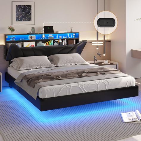 PRICES MAY VARY. 【Visual Floating Bed】DICTAC queen size floating bed frame has unique hidden bed foot design combined with the three side light strips under the queen size bed,gives the impression the bed floats above the ground and it equipped with LED headboard bringing a unique and novel visual experience, adds personality and modern sense of technology for your bedroom. 【Smart LED Bed Frame】 DICTAC queen floating platform bed with vibrant RGB led lights,you can use the APP or remote control Led Bedside Table, Leather Platform Bed, Floating Bed Frame, Led Beds, Led Bed Frame, Headboard With Lights, Bed Platform, Storage Headboard, Floating Bed