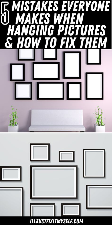 Various picture frames with uneven spacing, depicting common mistakes to avoid. How To Hang 8x10 Pictures On Wall, Picture Hanging Ideas For Office, Hanging Picture Collage On Wall, How To Hang Picture Collage On Wall, How To Hang A Group Of Pictures On Wall, How To Put Up Pictures On Wall, Hanging Pictures On The Wall Layout, Picture Placement Ideas, Hanging Portraits Display Ideas