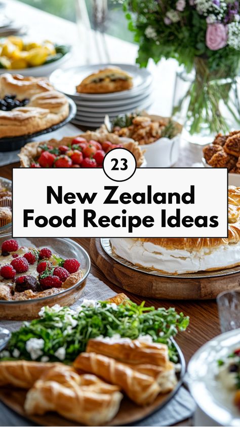 A variety of New Zealand food dishes, including savory pies and sweet pavlovas, beautifully arranged on a table, showcasing the rich culinary traditions of New Zealand. Nz Baking Recipes, New Zealand Breakfast, New Zealand Foods, New Zealand Party Theme, New Zealand Christmas Food, New Zealand Food Traditional, New Zealand Appetizers, New Zealand Recipes Traditional, New Zealand Food Recipes