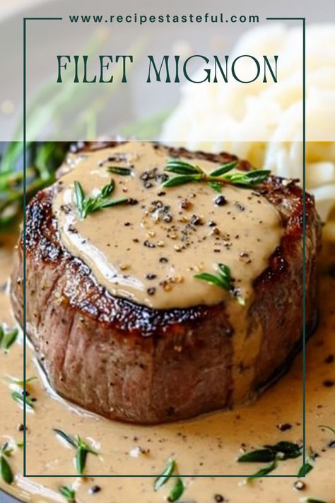 Indulge in a classic steak dinner with this Filet Mignon topped with a rich and creamy peppercorn sauce. Perfect for special occasions or a luxurious weeknight meal, this dish is sure to impress your family and friends. Filet Toppings, Filet Mignon With Red Wine Sauce, Sauce To Serve With Steak, Shallot Peppercorn Cream Sauce, Christmas Filet Mignon, Filet Mignon Recipes Pan Seared And Oven, Side For Filet Mignon, Steak And Peppercorn Sauce, Peppercorn Sauce For Steak Easy