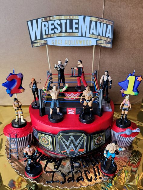 WWE WrestleMania Birthday Cake. WrestleMania 39. WrestleMania goes Hollywood! #JohnCena. #WWE #WWESuperstars. #21stBirthdayCake #Wrestlers. #Wrestling John Cena Cake Ideas, 40th Birthday Wrestling Theme, Wwe Birthday Cakes For Boys, Wrestlemania Birthday Party, Wwe Birthday Party Ideas Cake, Wwe Theme Party, Wwe Cake Ideas, Wwe Birthday Party Ideas Decoration, Wrestling Party Ideas