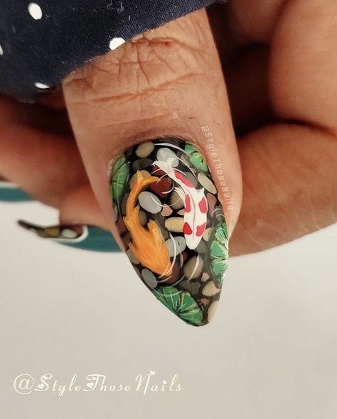 Animal Themed Nails, Cottagecore Nails Acrylic, Koi Pond Nails, Fish Nails Designs, Nature Inspired Nails, Shroom Nails, Forest Nail Art, Insect Nails, Plant Nails