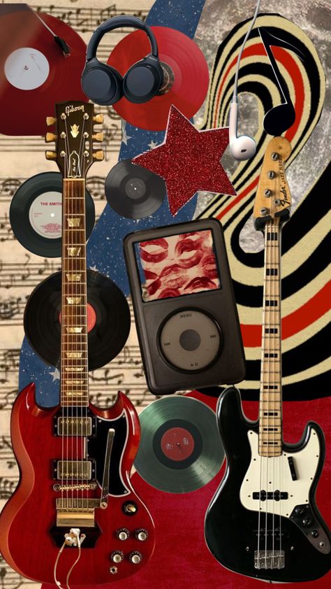 Music Retro Aesthetic, Cool Guitar Wallpapers, Rocker Wallpaper Aesthetic, 90s Rock Aesthetic Wallpaper, Retro Guitar Aesthetic, Guitar Collage Art, Rocker Aesthetic Wallpaper, Guitar Posters Aesthetic, Guitar Vintage Aesthetic