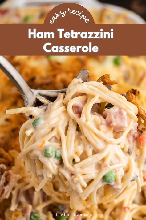 Discover the deliciousness of Ham Tetrazzini, a creamy and cheesy casserole that's perfect for any occasion. Loaded with tender cubed ham, savory mushrooms, and sweet peas, it's a surefire hit with the whole family. Make the most of of leftover ham with this fantastic recipe! Ham And Rice Casserole Recipes, Recipes For Ham Leftovers, Recipes With Cubed Ham, Cubed Ham Recipes, Cubed Ham Recipes Dinners, What To Make With Leftover Ham, Ham Casserole Recipes Leftover, Diced Ham Recipes, Recipes With Leftover Ham