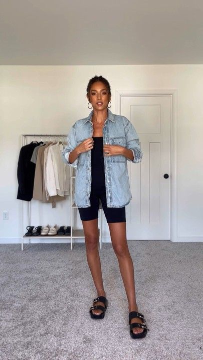 Black Unitard Outfit, Denim Shirt Outfit Women, Unitard Outfit, Overshirt Women, Denim Shirt Outfit, Denim Overshirt, Oversized Denim Shirt, Denim Jacket Outfit, Outfits Verano