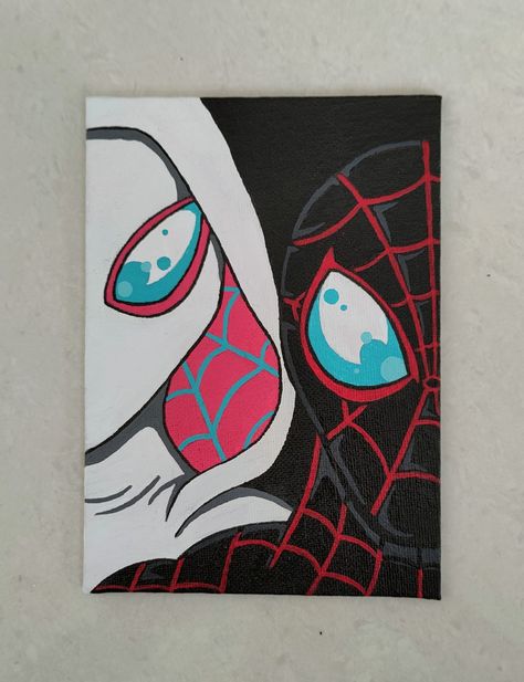 Miles Morales Spiderman Painting, Drawing Ideas Spiderman Miles, Miles Morales And Gwen Stacy Drawing, Posca Pens Art Canvas, Gwen Stacy Painting, Spider Verse Painting, Spider Gwen And Miles, Miles Morales Dibujo, Miles Morales Painting