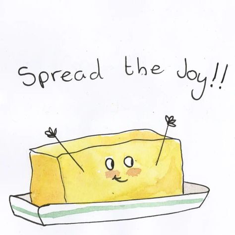 Cele-bread good times and spread the joy watercolour pun illustrations. --- A birthday card with a piece of bread wearing a party hat and holding a present and a block of butter in a butter dish. ---- #foodillustration #foodillustrator #punny #watercolourillustration #charlotsart #cuteart Pun Illustrations, Piece Of Bread, A Present, Party Hat, Food Illustrations, Butter Dish, Party Hats, Watercolor Illustration, Puns