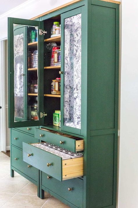 IKEA Hemnes Pantry Cabinet Organization - Bless'er House Hemnes Pantry, Pantry Cabinet Organization, Ikea Hemnes Cabinet, Table Linen Storage, Ikea Pantry, Armoire Ikea, Young House Love, Ikea Hemnes, Kitchen Pantry Cabinets