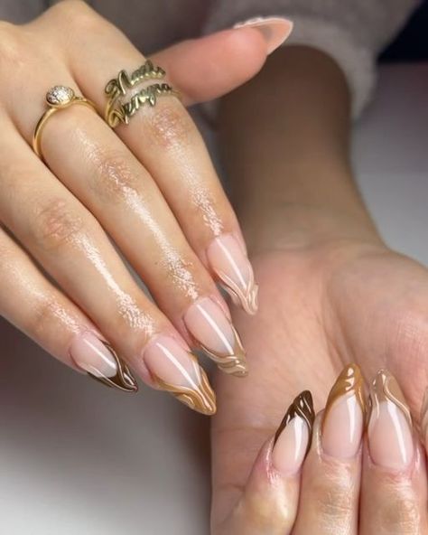 Nails by Venyra 💖 on Instagram: "🤎 Sculpted almond medium @apresnailofficial 3d done with @lgnpro Bling it rhinestone gel #fallnails #gelx #apresgelx #dndgel #3dnailart #frenchnails" 3d Gel French Tips, 3d Line Art Nails, 3d Almond Nail Designs, Almond Nails Designs 3d Gel, Rhinestone Gel Nails, 3d Line Nails, Almond 3d Nails, Simple 3d Nail Designs, 3d Almond Nails