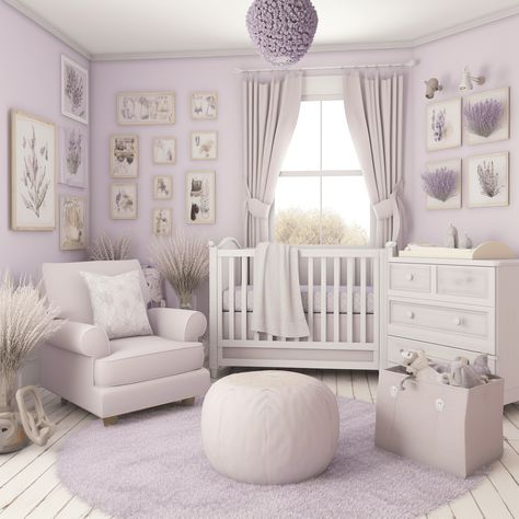 Purple Wall Nursery, Lilac Purple Nursery, Pale Purple Nursery, Baby Girl Nursery Room Ideas Lavendar, Dusty Lavender Nursery, Purple Baby Nursery Ideas, Girly Nursery Ideas Purple, Lavender Themed Nursery, Purple Nursery Theme