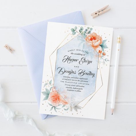 Dusty Blue And Coral Wedding, Salmon Wedding, Peach Wedding Theme, Wedding Dusty Blue, Dusty Blue Wedding Invitation, 21 Diner, Blue Wedding Invitation, Modern Wedding Invitation, Wedding Anniversary Invitations