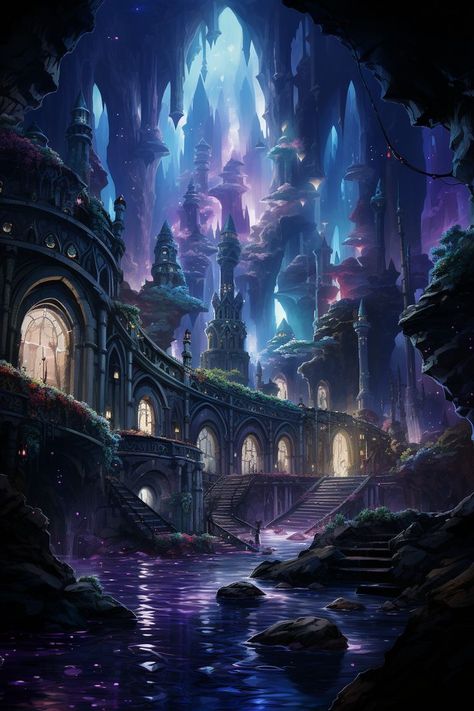 Fantasy Cavern City, Underground Elven City, Underdark City Art, Fairy City Fantasy Art, Fantasy Club Art, Waterfall Cave Fantasy Art, Underground Ruins Fantasy Art, Underdark Concept Art, Magical City Art