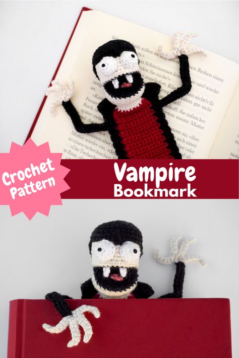 Crochet Pattern for the Vampire Bookmark by Supergurumi. Easy to follow step by step vampire bookmark crochet pattern. Get the pattern in the Shop. #amigurumi #crochet #crochetpattern #vampire #bookmark Vampire Bookmark, Vampire Crochet, Crochet Vampire, Bookmark Crochet Pattern, Cool Bookmarks, Dragon Bookmark, Bookmark Crochet, Double Crochet Decrease, Crochet Bookmark