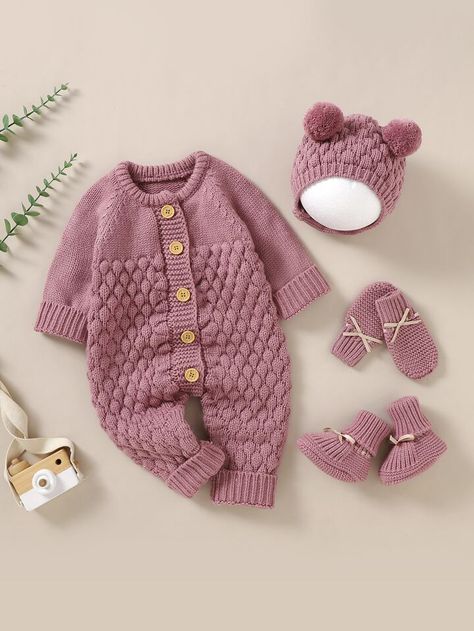 Baby Raglan Sleeve Knit Jumpsuit & Hat & Shoes & Gloves | SHEIN USA Pull Bebe, Kids Overalls, Baby Overalls, Girls Sweater, Boys Knits, Baby Jumpsuit, Sweater Jumpsuit, Jumpsuit Outfit