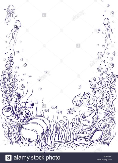 Sea Bed Drawing, Mermaid Underwater Drawing, Underwater Sea Life Drawing, Bottom Of The Sea Drawing, Under Water Scene Drawing, Under The Sea Drawing Pencil, Bottom Of The Ocean Drawing, How To Draw Underwater Scene, Underwater Creatures Drawing