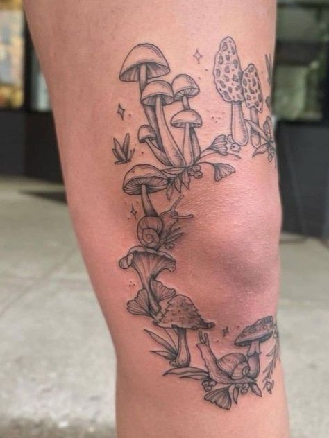 Mushrooms Around Knee Tattoo, Around The Knee Mushroom Tattoo, Mushroom Tattoo Around Knee, Mushroom Leg Sleeve Tattoo, Mushroom Tattoo Leg, Knee Mushroom Tattoo, They Them Tattoo, Nature Knee Tattoo, Mushroom Leg Tattoo