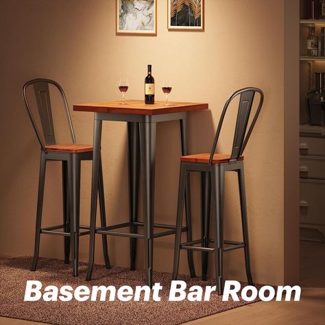 3 Piece Pub Table Set with Solid Elm Top and Metal Frame Counter Height Kitchen Table, Bar Top Tables, Bar Table And Chairs, Pub Table And Chairs, Bar Table Sets, Pub Table Sets, Bar Height Table, Height Table, Style Lounge