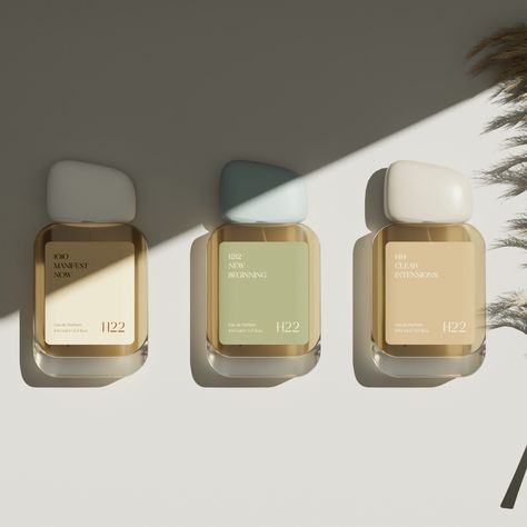 Brand H22 – Perfume Bottle & Label Design – Packaging Of The World Minimalist Perfume Label, Minimalist Perfume Bottle, Minimalist Perfume Packaging, Perfume Labels Design, Perfume Bottle Shapes, Perfume Bottle Label Design, Perfume Label Design Ideas, Aesthetic Perfume Bottles, Luxury Bottle Packaging