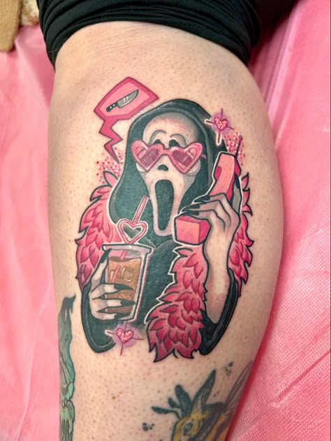 Pink “ghost face” killer from scream movie. Scream movie tattoo. Pink ghost face. Pink scary movie art. Pink Ghostface Tattoo, No You Hang Up Scream Tattoo, Pink Ghost Tattoo, Cute Ghostface Tattoo, Scream Movie Tattoo, Scream Mask Tattoo, Ghost Face Tattoos, Cursed Tattoo, Ghost Face Pink