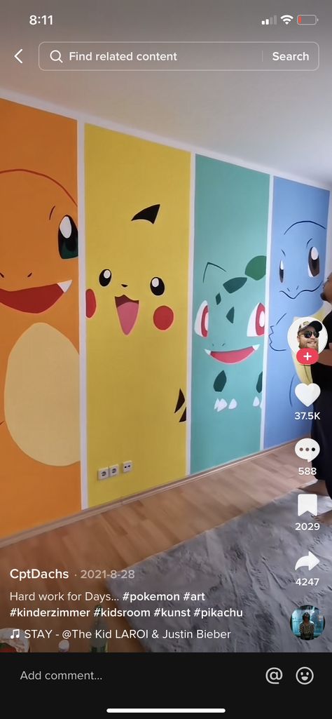 Pokemon Room Paint Ideas, Pokemon Wall Painting Ideas, Pokemon Room Design, Pokemon Wall Art Diy, Pokemon Dresser Diy, Pokemon Interior Design, Pokemon Wall Painting, Pokemon Mural Bedroom, Pokemon Living Room