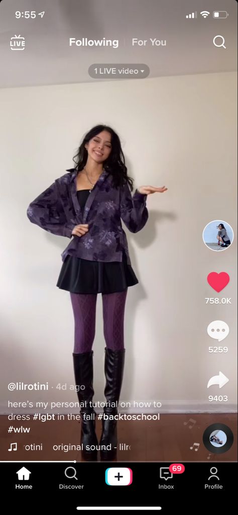 Purple Pantyhose Outfit, Purple And Black Outfits Grunge, Purple Tights Outfit Winter, Purple Black Outfit Aesthetic, Purple Witch Outfit Aesthetic, Dark Academia Outfit Long Skirt, Purple Academia Aesthetic Outfit, Purple Grunge Aesthetic Outfit, Purple Stockings Outfit