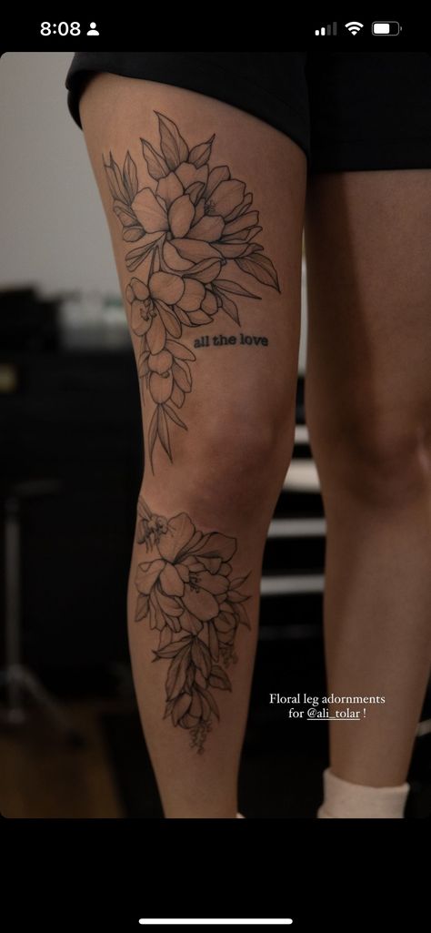 Knee And Calf Tattoo, Flower Wrap Leg Tattoo, Carnation Leg Tattoo, Flower Sleeves Design, Full Floral Leg Sleeve Tattoo, Woman’s Leg Tattoos, Fine Line Leg Sleeve Tattoo, Floral Calf Tattoos For Women, Writing Leg Tattoo