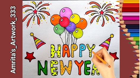 Subscribe my YouTube channel for more creative Drawings New Years Drawing Ideas, New Year's Drawings, Easy Drawings For Kids, Drawing For Beginners, New Year Card, Creative Drawing, Easy Kids, School Projects, Drawing For Kids