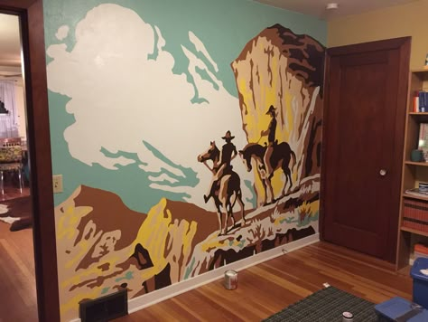 Realistic Mural Painting, Cowboy Wall Mural, Paint By Numbers Mural, Cowboy Mural Wall Art, Western Nursery Mural, Country Mural Ideas, Western Mural Ideas, Paint By Number Wall Mural, Space Cowboy Nursery