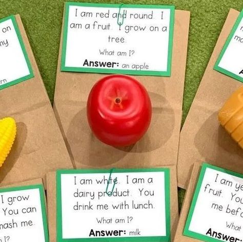 Jamie White on Instagram: "Our students love guessing what food item is in the brown bag based on the riddles! 😍🍍 These food riddles, exercise bulletin board, and more are all included in the Nutrition Circle Time Unit! All 10 days of lessons are planned for you... all you have to do is print! Comment "NUTRITION" below for a link to the unit! 🥕🍉🍎 #Preschool #Prek3 #Prek4 #Prek #Prekindergarten #PreschoolMath #PrekMath #PreschoolPlaytime #EarlyEducation #CreativeKids #PreschoolTeachers #PlayBas Healthy Foods Preschool Theme, Nutrition For Preschoolers Activities, Safe And Healthy Me Preschool, Nutrition Math Activities For Preschool, Nutrition For Preschool, Preschool Food Unit, Nutrition Lesson Plans For Preschoolers, Preschool Nutrition Activities, Nutrition Crafts For Preschool