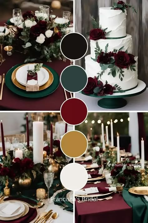 Emerald Green And Dark Red Weddings, Dark Green Burgundy Gold Wedding, Burgundy Emerald And Gold Wedding, Emerald Green Maroon Wedding, Red Green And Black Wedding Theme, Red And Green Wedding Theme Color Schemes, Emerald Green And Burgundy Wedding Theme, Christmas Wedding Color Palette Colour Schemes, Burgundy Wedding Colors Scheme