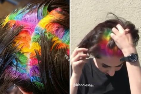 Rainbow Roots, Colored Hair Roots, Hidden Rainbow Hair, Cinnamon Hair Colors, Hidden Hair Color, Mahogany Hair, Hair Roots, Beautiful Hair Color, Hair Color Techniques