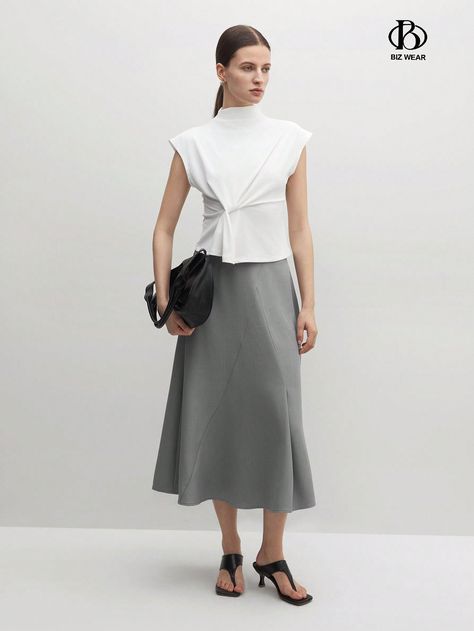 Spring/Summer Simple Casual High Waist Split Line Cut Flared Skirt Light Grey Elegant   Woven Fabric Plain Flared Slight Stretch  Women Clothing, size features are:Bust: ,Length: ,Sleeve Length: Tela, Flared Skirt, Flare Skirt, Fashion Online Shop, A Line Skirts, All Fashion, Womens Bottoms, Woven Fabric, Vintage Dresses