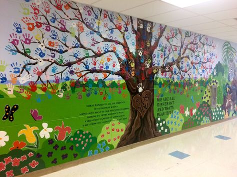 Handprint Tree, We are all different and that's beautiful Mural Wall Art Tree, Handprint Mural School, Handprint Wall Mural, Handprint Tree Mural, Mural Art For School, Hand Print Mural, Tree With Handprints, Handprint Mural, Tree Murals