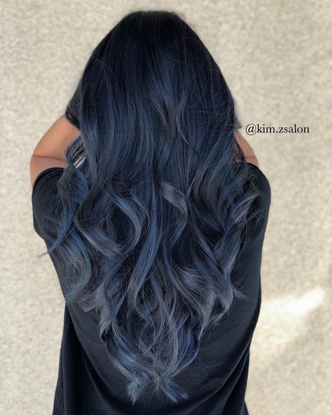 Dark Blue Hair Ombre, Dark Blue Balayage Hair, Smoky Blue Hair, Blue Silver Hair, Ash Blue Hair, Black Balayage, Blue Grey Hair, Blue Hair Highlights, Hair Color Idea