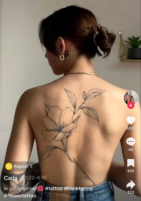 Minimalist Tattoo Of Hands, Tattoos That Arent Flowers, Flower Vine Back Tattoo, Woman Full Back Tattoo, Back Tattoos Floral, Leaf Tattoo Back, Cohesive Tattoos, Long Back Tattoo, Folk Tattoo Indie