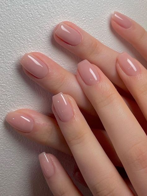 shimmery nude short nails Nude Nails Coffin Short, Korean Neutral Nails, Simple Gel Nail Colors, Short Neutral Nails With Design, Short Bridesmaid Nail Ideas, Nude Nail Color Ideas, Bridesmaid Nails Almond, Short Nails No Acrylic, Short Nails Nude Color