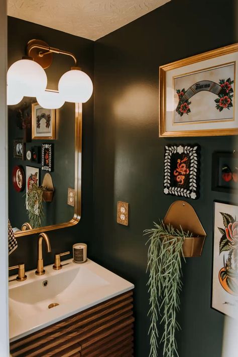 Tattoo store impressed rest room- #Bathroom #Inspired #Shop #Tattoo Check more at https://howcandothis.com/homedecoration/tattoo-store-impressed-rest-room/ Moody Guest Bathroom Ideas, Green Black White Bathroom, Boho Half Bathroom Ideas, Boho Green Bathroom, 46 Tattoo, Bohemian Bathroom Ideas, Sage Bathroom, Unique Bathroom Ideas, Burgundy Bathroom