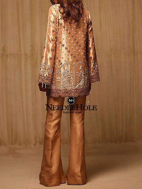 SALE 10% OFF EVERYTHING Designer Party Dress For Women Fawn Stand Collar Cocktail Outfit Features Thigh Length Embellished Shirt With Full Sleeves Pleated Bell Bottom Trouser and Dupatta http://www.needlehole.com/designer-party-dress-for-women-fawn-stand-collar-cocktail-outfit-shirt-with-full-sleeves-pleated-bell-bottom-trouser-and-dupatta.html#.XJ8YPzFubDc  WhatsApp: USA: +1 862 2180556 UK: +44 208 1239631  Landline Phone: USA: +1 862 2180556 UK: +44 208 1239631  #women #salwarkameez #shalwarka Trouser Designs Pakistani, Bell Bottom Trouser, Sania Maskatiya, Latest Pakistani Dresses, Pakistani Party Wear, Designer Party Dresses, Embellished Shirt, Indian Party Wear, Cocktail Outfit