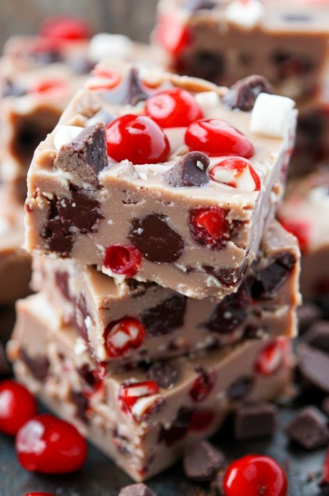 Indulge in this creamy Cherry Garcia Fudge, a delightful blend of chocolate, cherries, and nuts. Perfect for a sweet treat gift! #Fudge #CherryGarcia #DessertLovers Cherry Garcia Fudge Recipe, Cherry And Chocolate Desserts, Cherry Garcia Fudge, Dessert That Goes With Chili, Cherry Divinity Recipe, Cherry Fudge Recipes, Chocolate Cherry Fudge, Cherry Fudge, Cherry Garcia